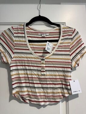 NWT O'Neill Women's Cream Striped Ribbed Henley Crop Top with Red and Mustard
